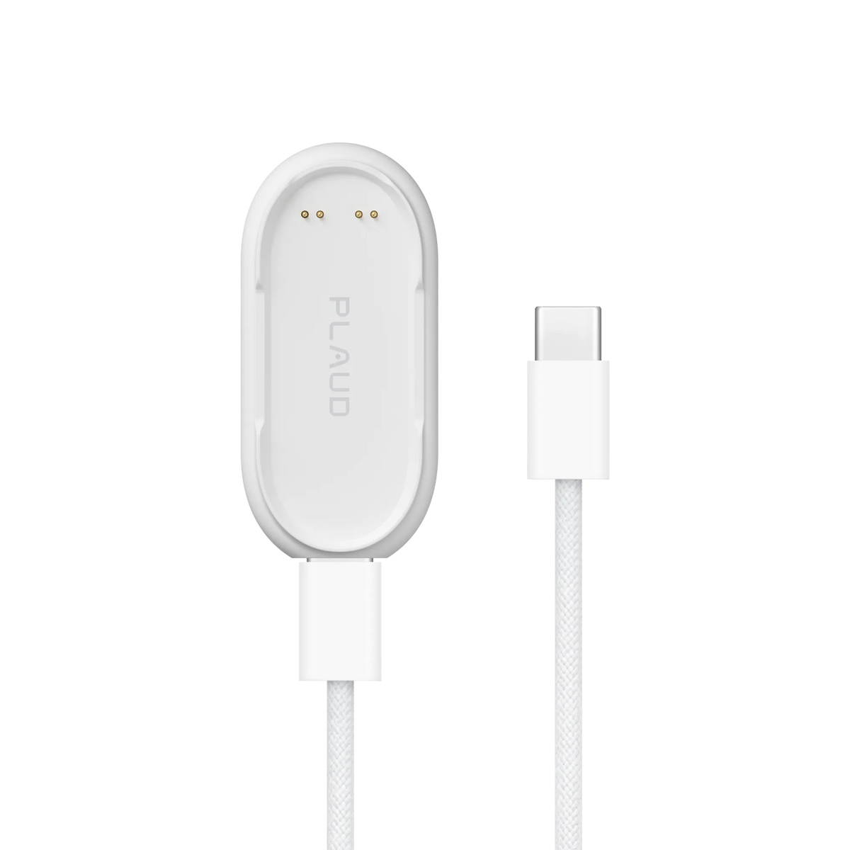 A white braided charging cable includes a USB-C plug and a magnetic cradle with four gold pins for a Plaud wearable AI recorder.
