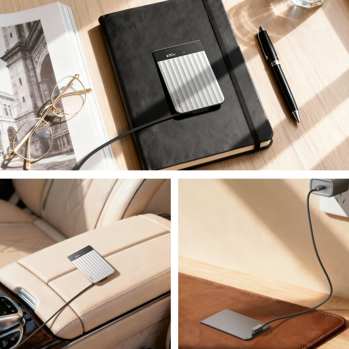 A silver Plaud Note Pro AI voice recorder charges in three settings: on a black notebook, a car armrest, and a leather desk mat.