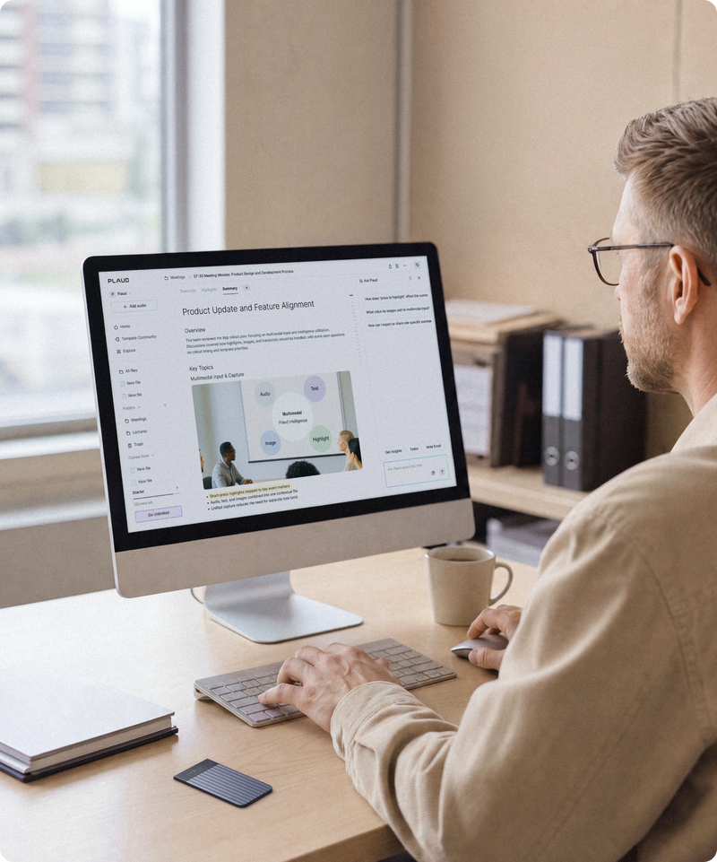Educator records a lesson with a black Plaud Note Pro, then reviews the transcript and summary on Plaud web to recap faster.