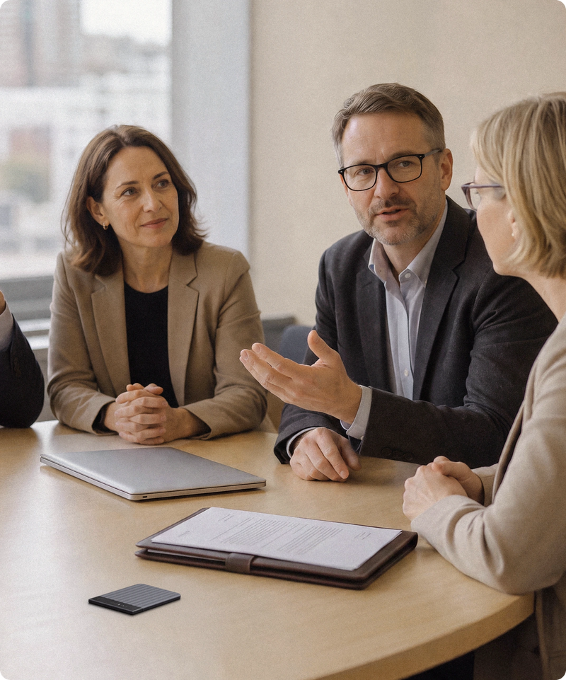 Three professionals discuss at a conference table with a black Plaud Note Pro recording their conversation.