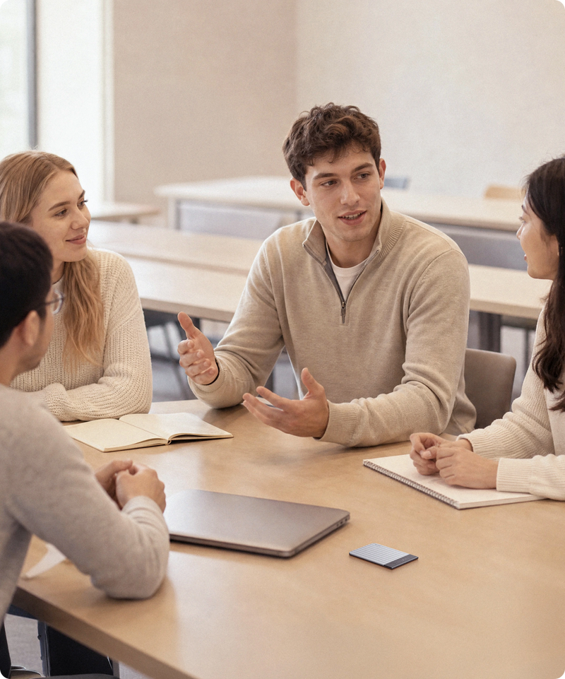 Plaud Back to School banner: students discuss in a classroom with a black Plaud Note Pro recording, capturing every detail.
