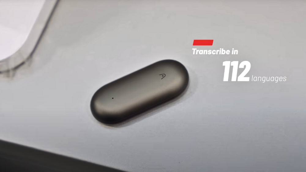 Cosmic Gray Plaud NotePin wearable AI voice recorder with text: Transcribe in 112 languages.
