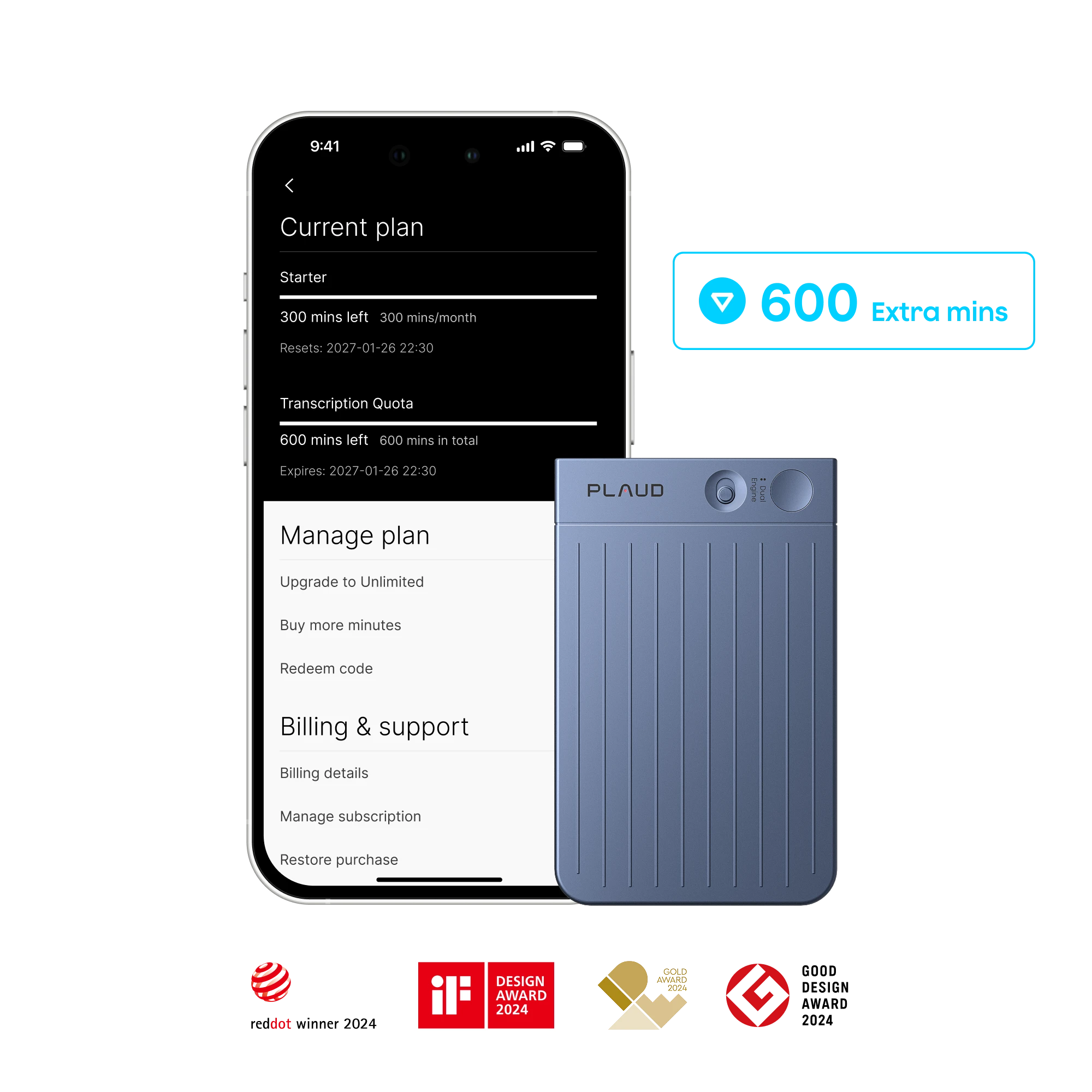 Plaud Note & add-on extension 600 mins