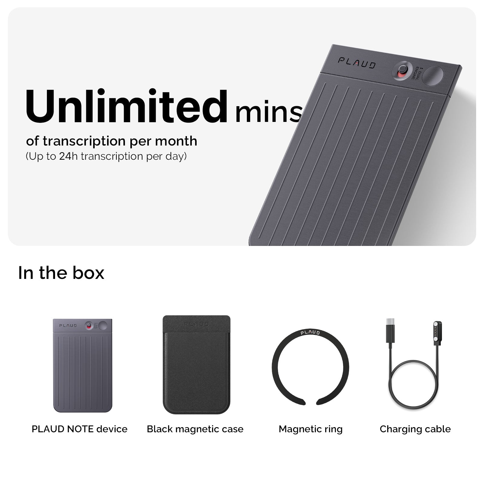 Plaud Note AI voice recorder with Unlimited transcription plan bundle, featuring charging cable, black magnetic case and magnetic ring accessories