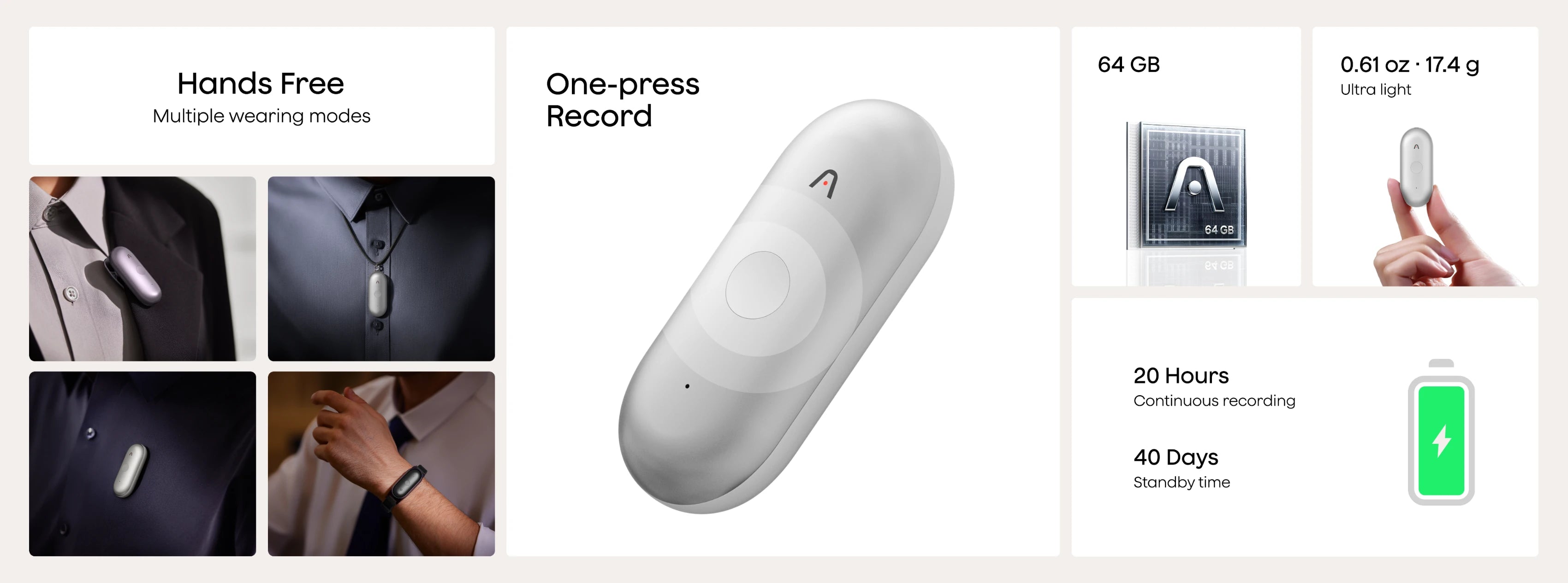 Plaud NotePin S features: 64GB storage, 20h recording, 40-day standby, and various hands-free wearing options.
