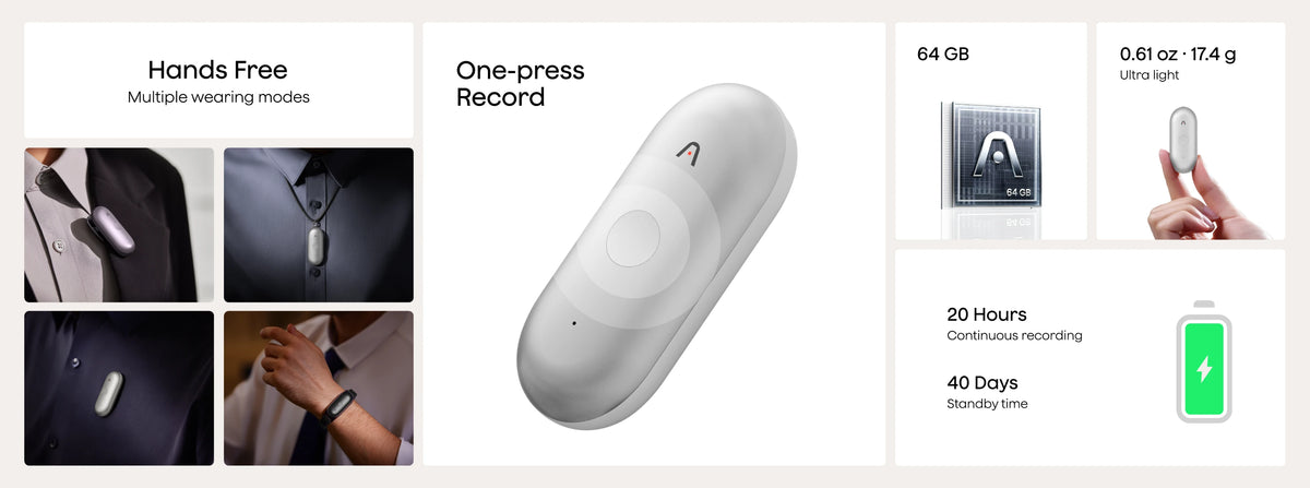 Plaud NotePin S features: 64GB storage, 20h recording, 40-day standby, and various hands-free wearing options.