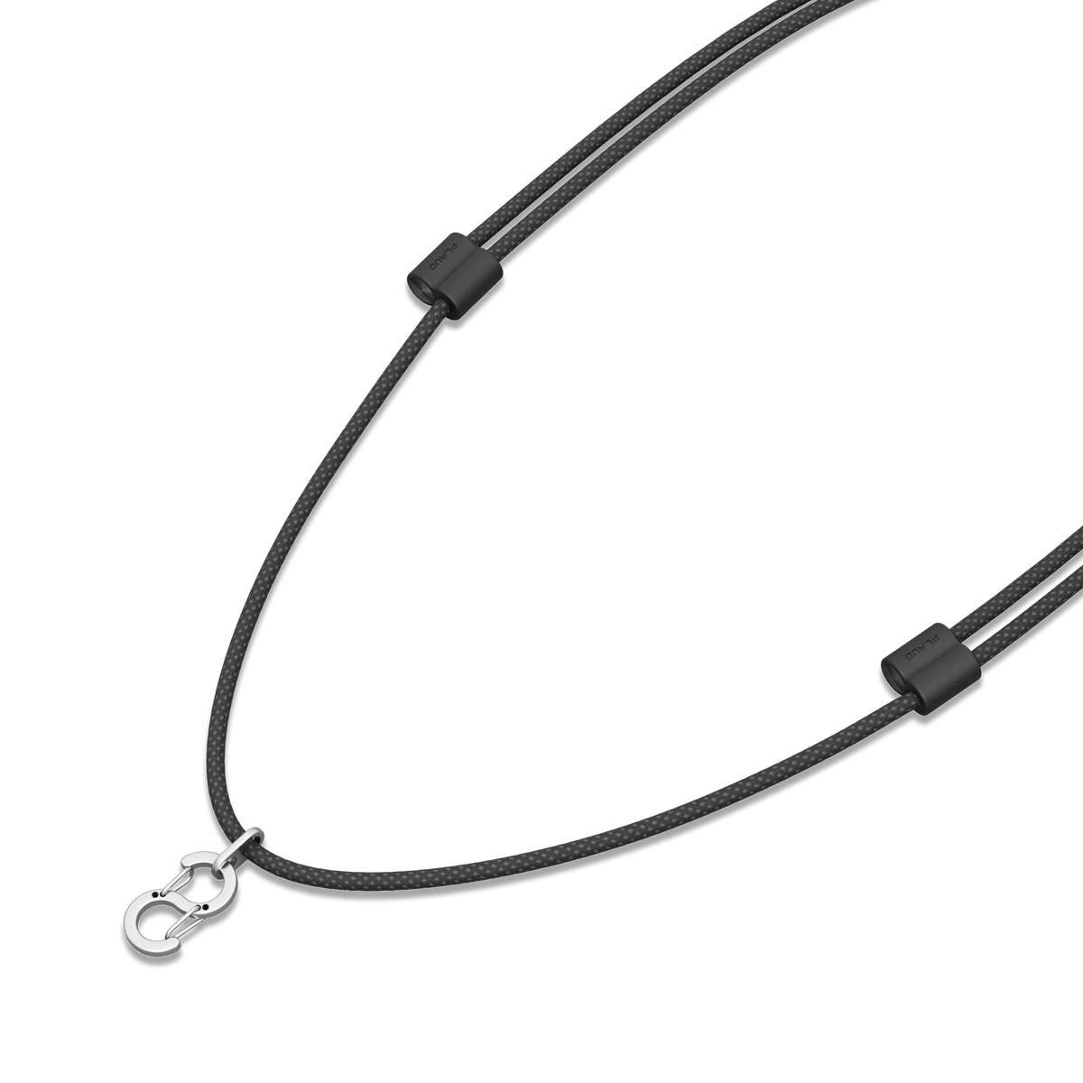 A dark gray braided lanyard for the Plaud NotePin S features a silver S-biner clip and two black sliders with the Plaud logo.