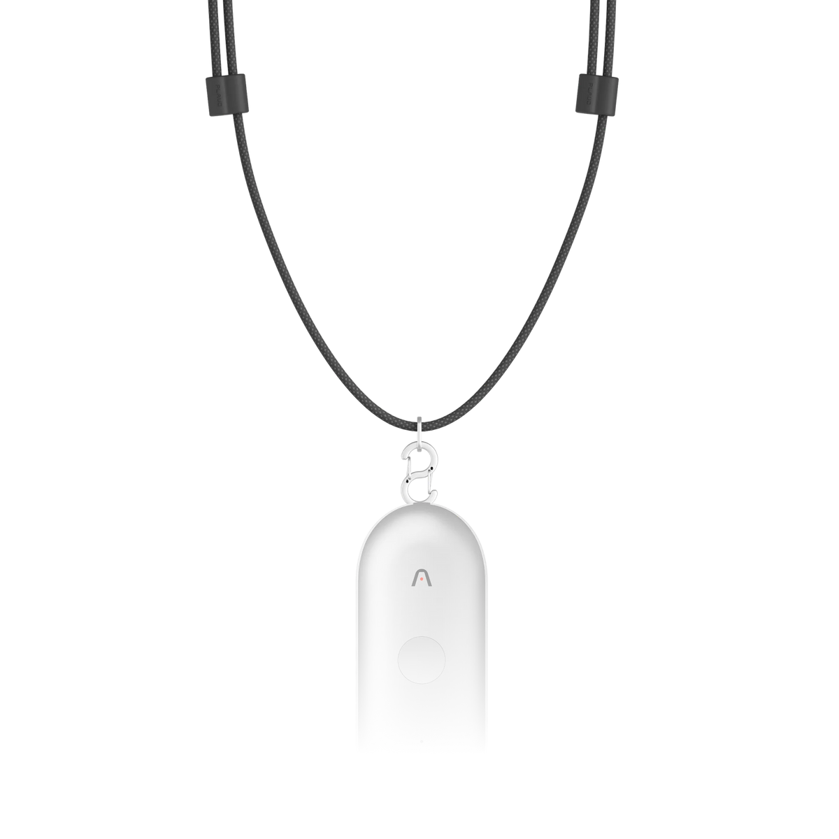 A space gray Plaud NotePin S wearable AI recorder, featuring a round front button, hangs from a dark gray braided lanyard.