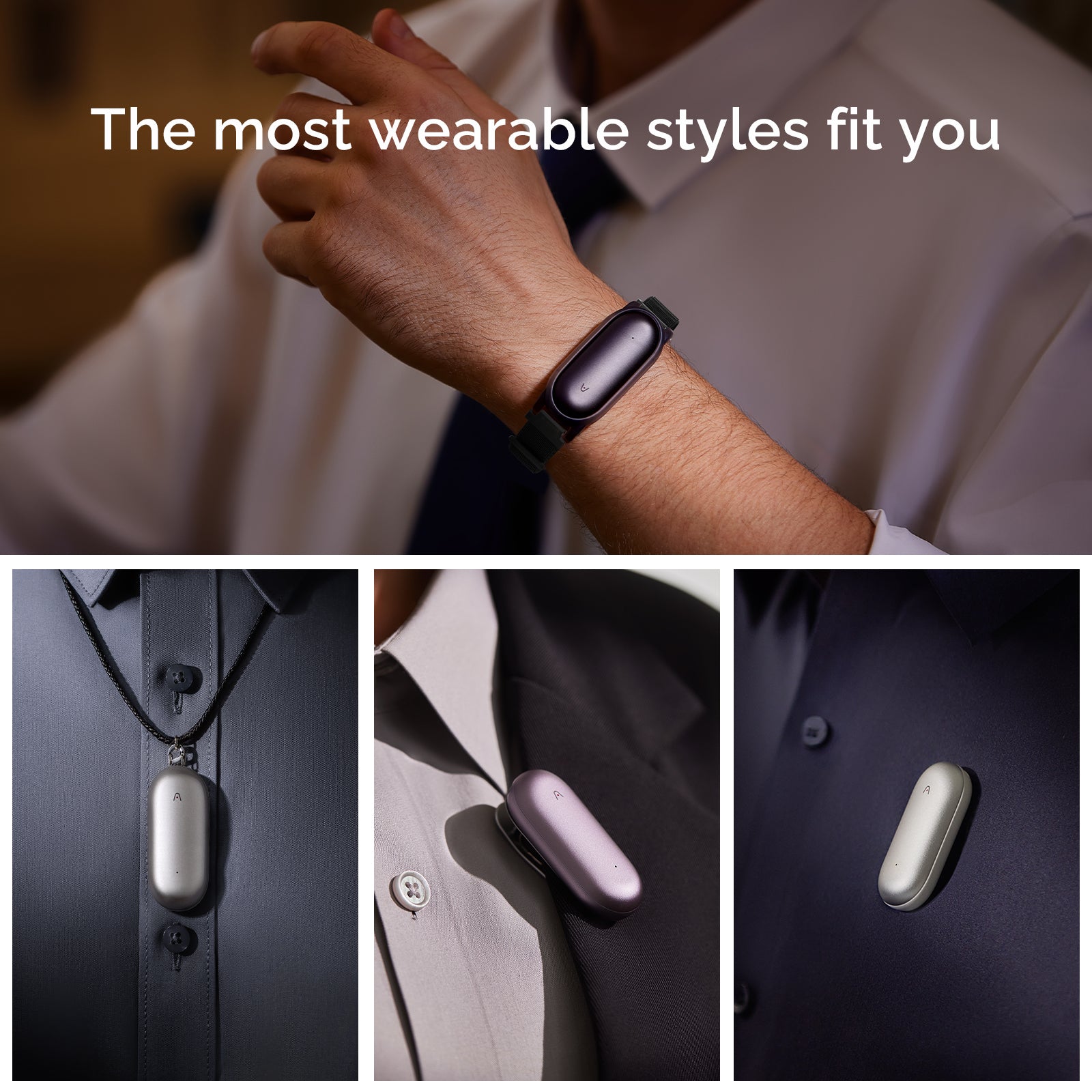 Plaud NotePin wearable AI voice recorder, various styles including wrist, pendant, and lapel for versatile use.