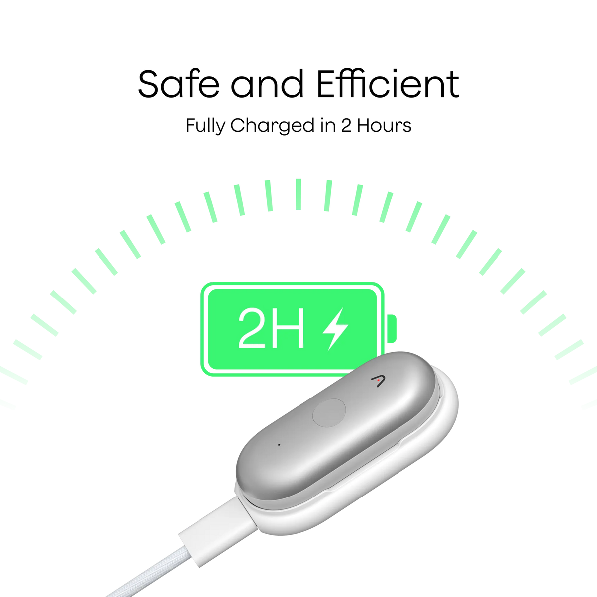 A silver Plaud NotePin S charges in a white cradle, accompanied by a green battery icon indicating a two-hour charging time.