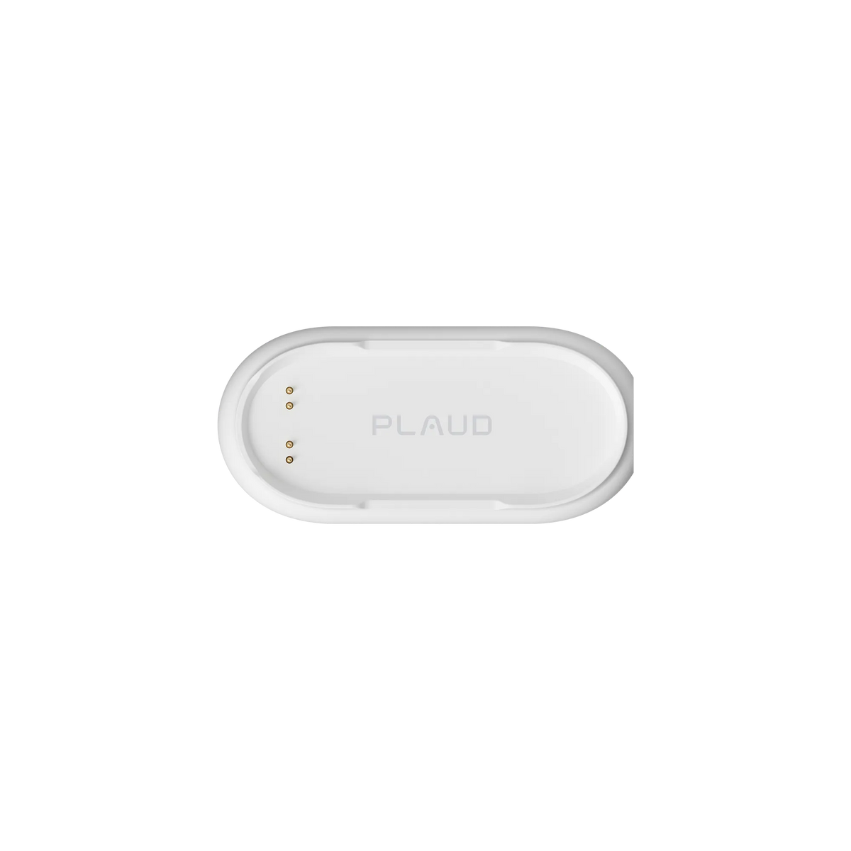 A white, pill-shaped charging dock for a Plaud wearable AI recorder features four gold pins and the Plaud logo.