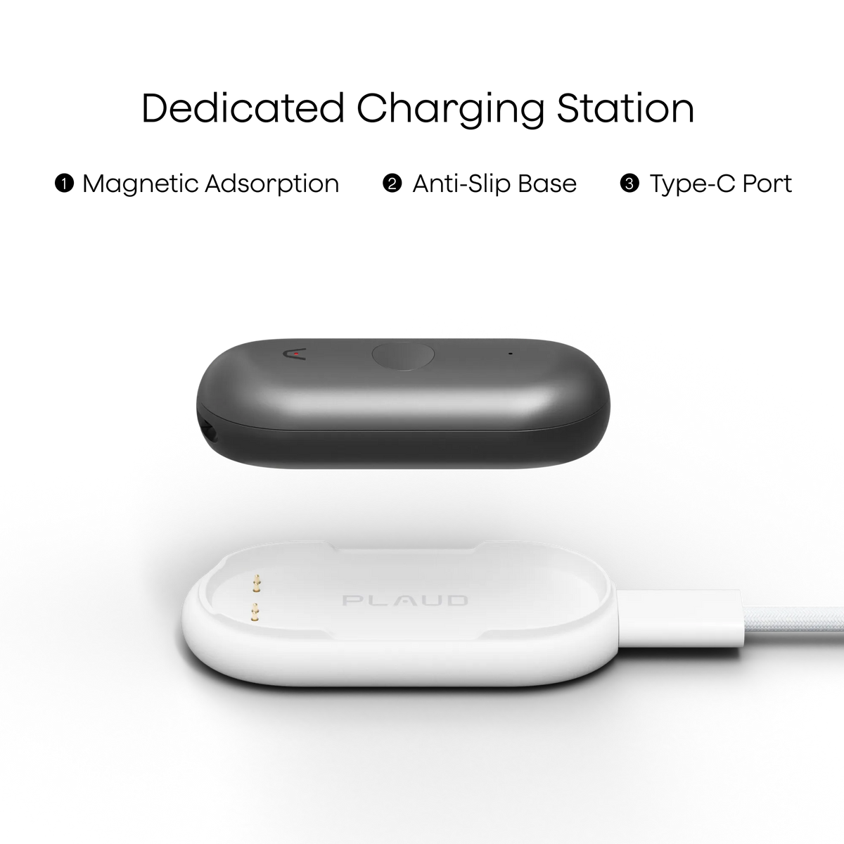 A dark gray Plaud NotePin S capsule floats above a white charging dock with the Plaud logo, positioned below the numbers 1, 2, and 3.