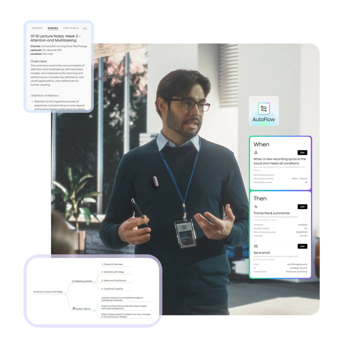 An educator wearing a Plaud NotePin with UI overlays showing automated summaries, mind maps, and AutoFlow workflows.