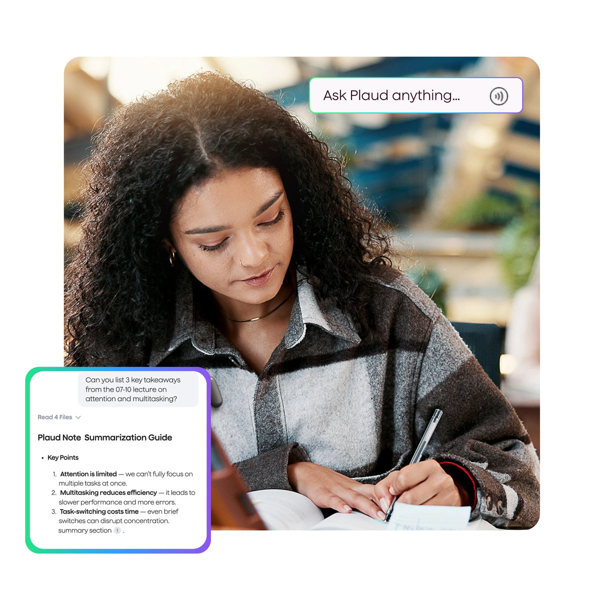 An educator wearing a Plaud NotePin with UI overlays showing automated summaries, mind maps, and AutoFlow workflows.