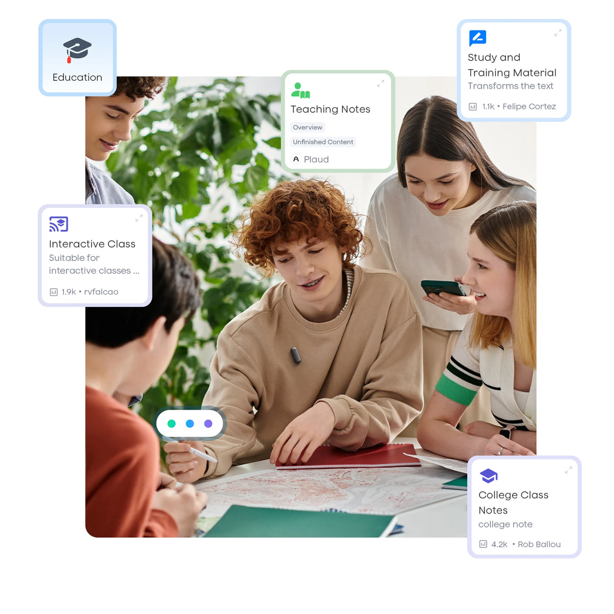 Students studying with a Plaud NotePin wearable, featuring UI overlays for teaching and college class notes.