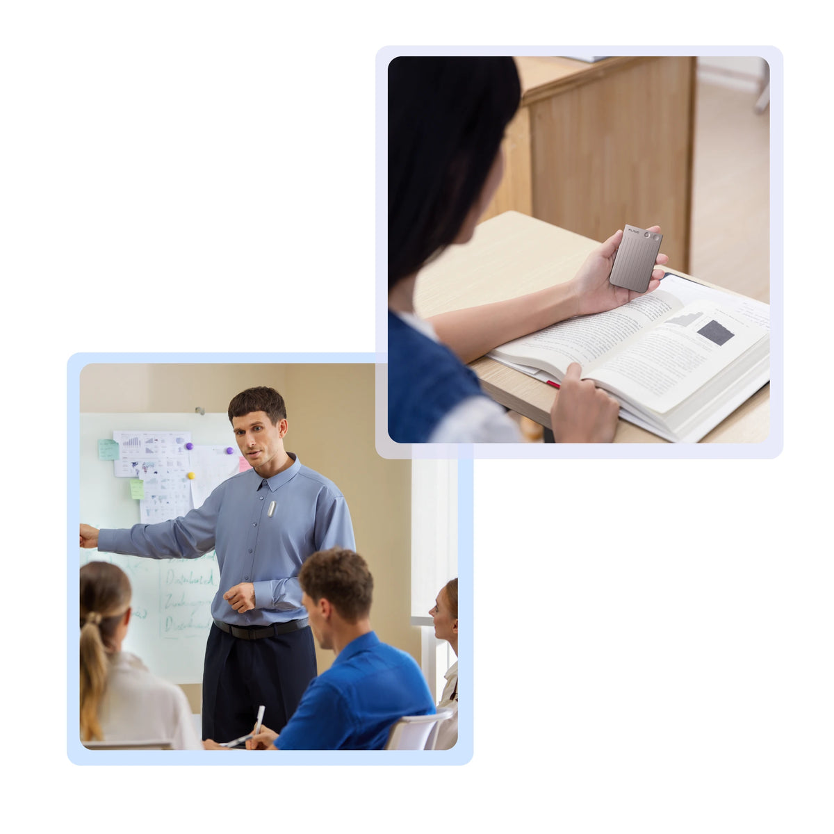 Student using a silver Plaud Note and a presenter wearing a white Plaud NotePin.