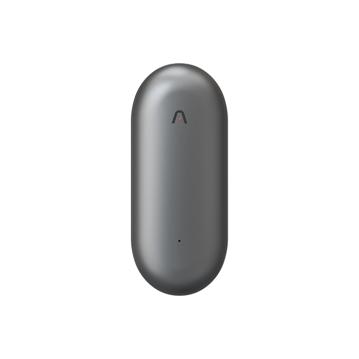 Plaud NotePin wearable AI voice recorder featuring a sleek capsule design and red indicator light.