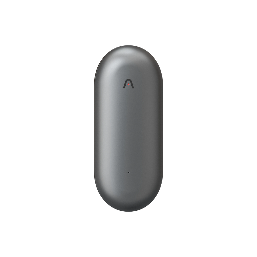 Plaud NotePin wearable AI voice recorder featuring a sleek capsule design and red indicator light.