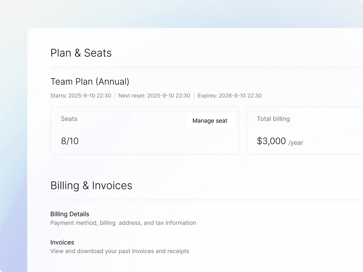 Plaud Web dashboard showing Team Plan details, 8/10 seats used, and $3,000 annual billing summary.