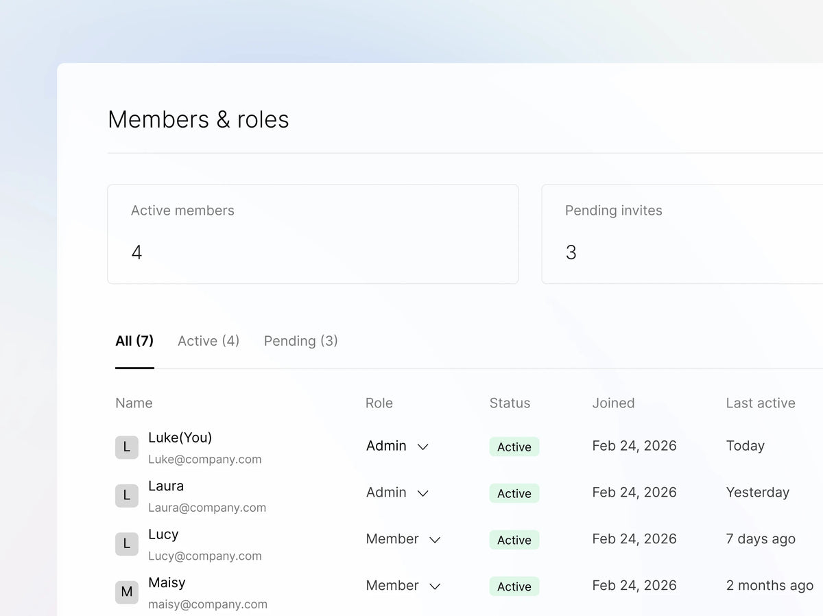 Plaud Web interface showing the Members & roles dashboard with 4 active members and 3 pending invites.