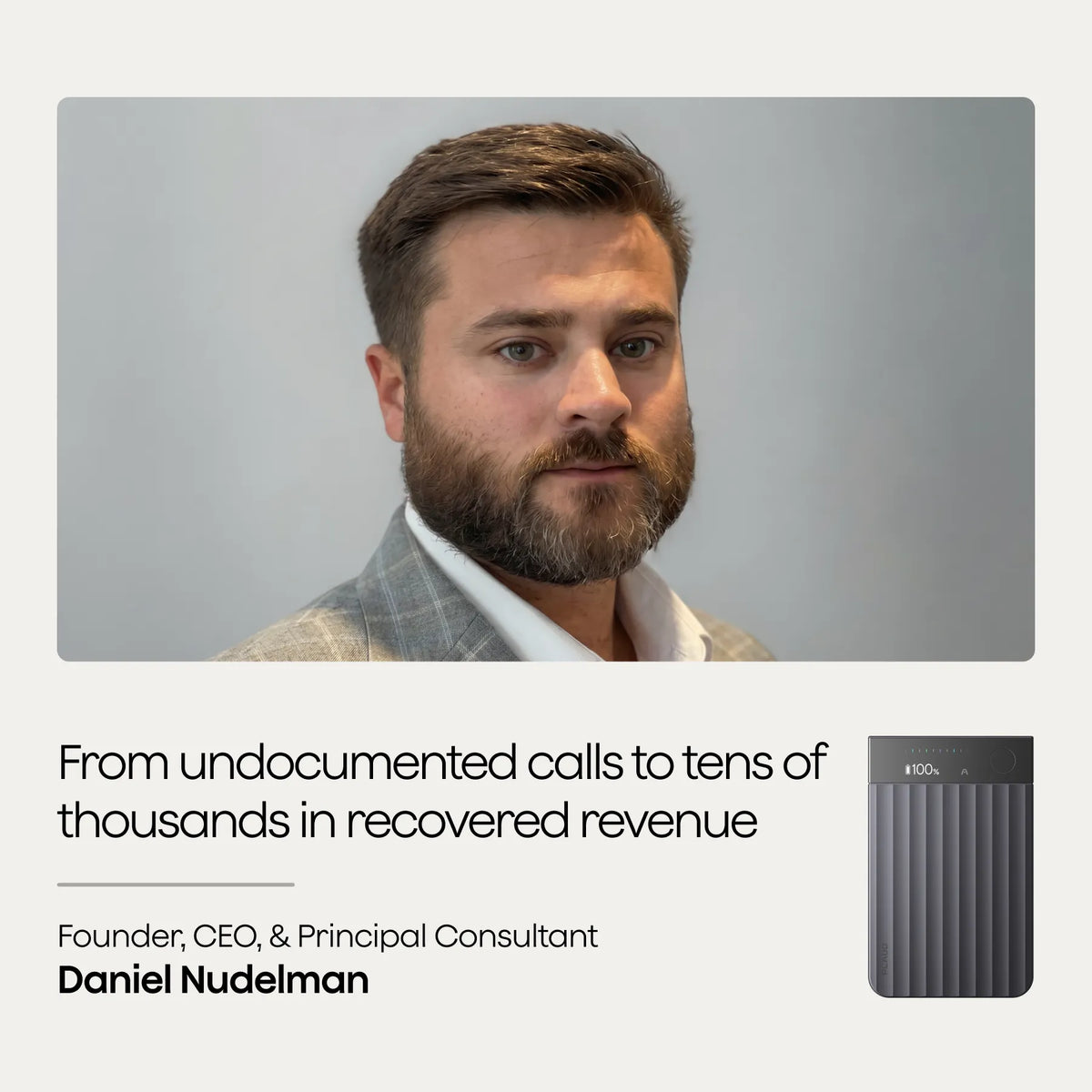 Daniel Nudelman testimonial for Plaud Note Pro: From undocumented calls to tens of thousands in recovered revenue.