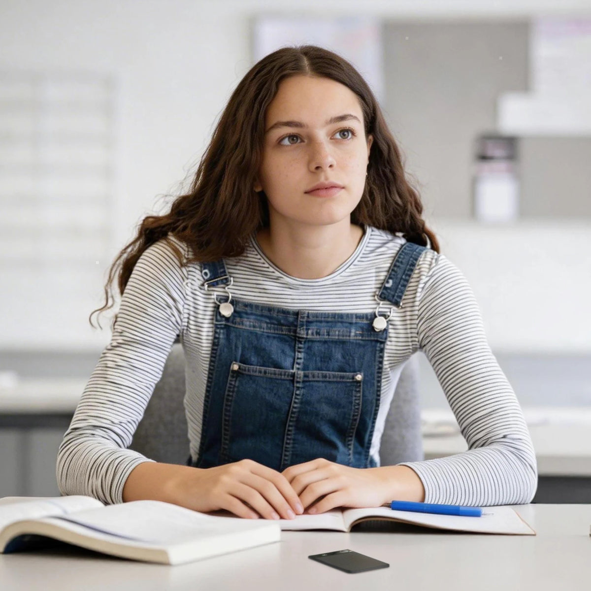 A student in a classroom with a black Plaud Note Pro AI voice recorder on her desk for recording lectures.
