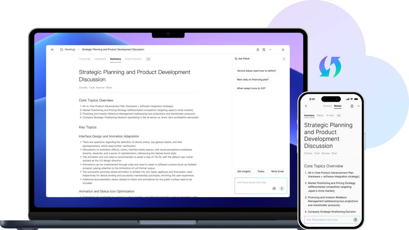 Plaud App and Plaud Web syncing a meeting summary across a smartphone and laptop.