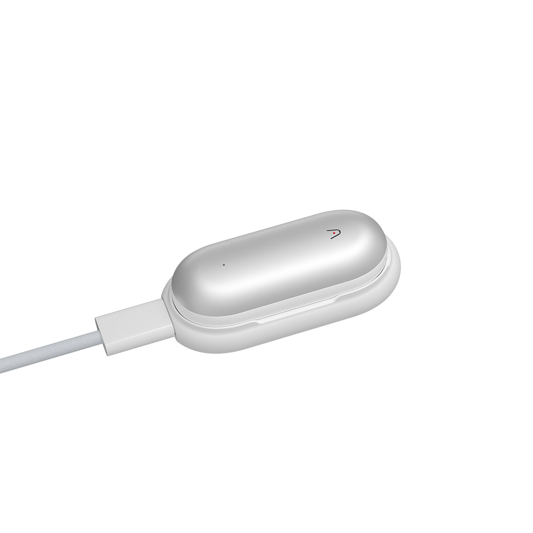 Sleek silver Plaud NotePin wearable AI note-taker with oval pebble design and status indicator light for hands-free conversation recording and transcription