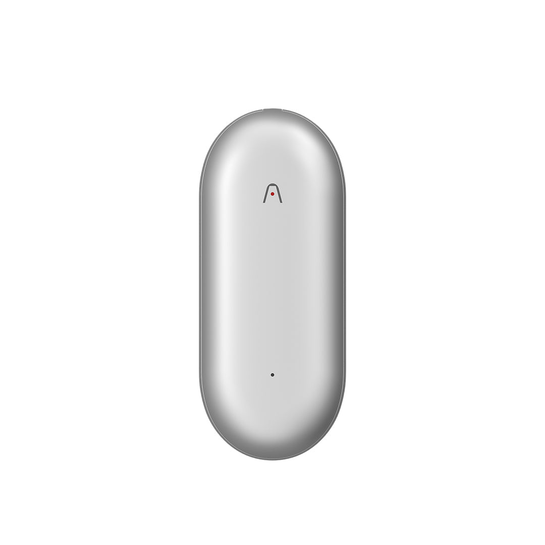 Metallic silver Plaud NotePin wearable AI voice recorder with minimalist pill-shaped design and distinctive stylized 'A' logo with red dot
