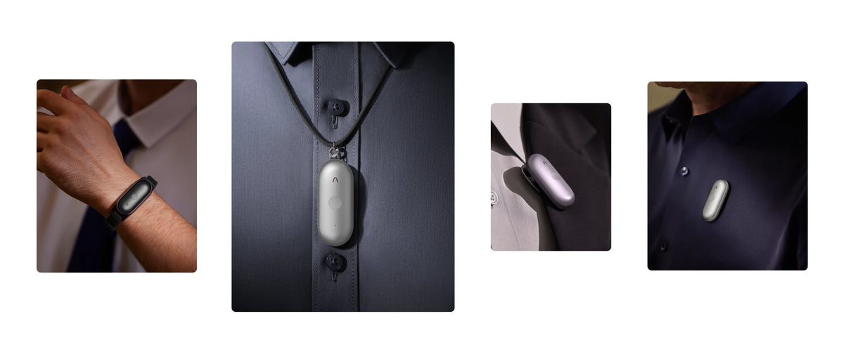 Plaud NotePin S worn as a wristband, lanyard, lapel clip, and magnetic pin.