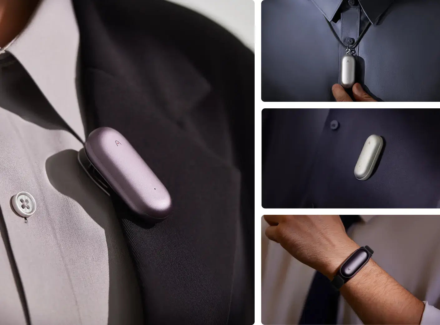 Plaud NotePin featuring four wearing options: lanyard, wristband, clip, and magnetic pin.